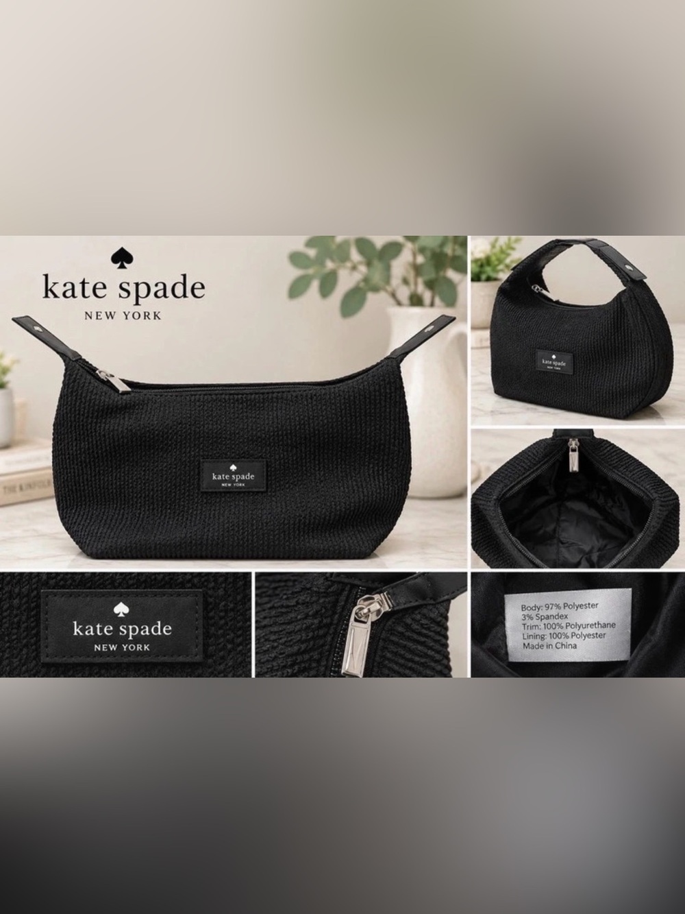 kate spade Black Textured Cosmetic Pouch with Wrist Strap